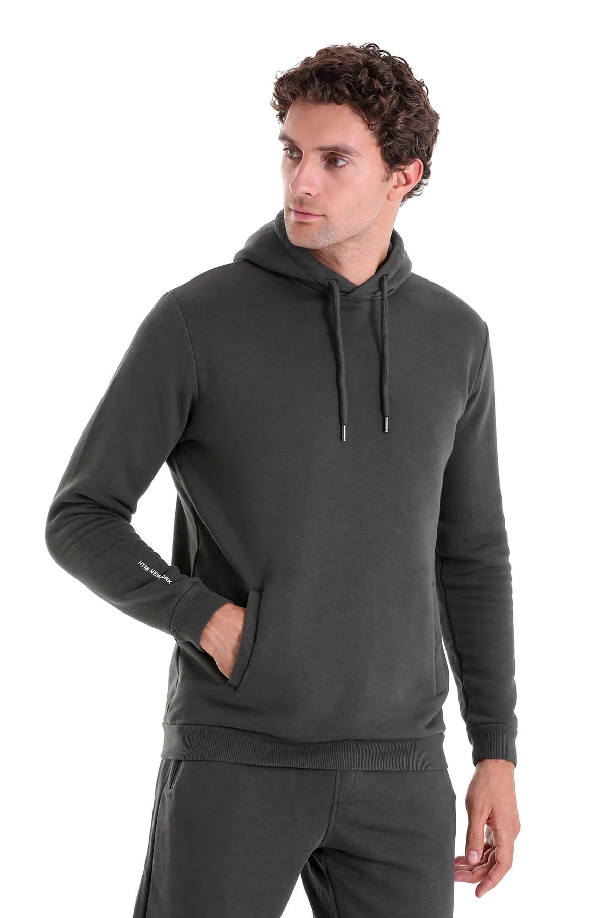 Regular Fit Cotton Blend Khaki Hooded Sweatshirt