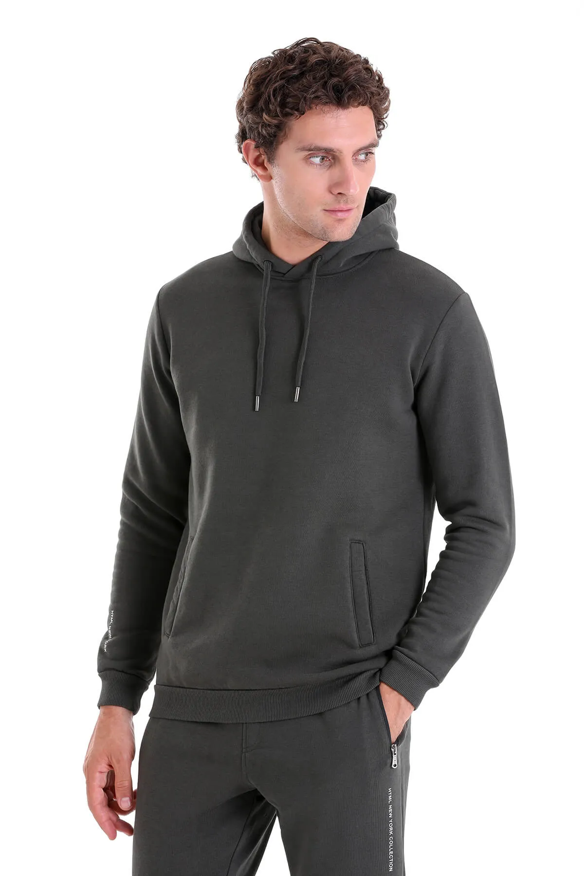 Regular Fit Cotton Blend Khaki Hooded Sweatshirt