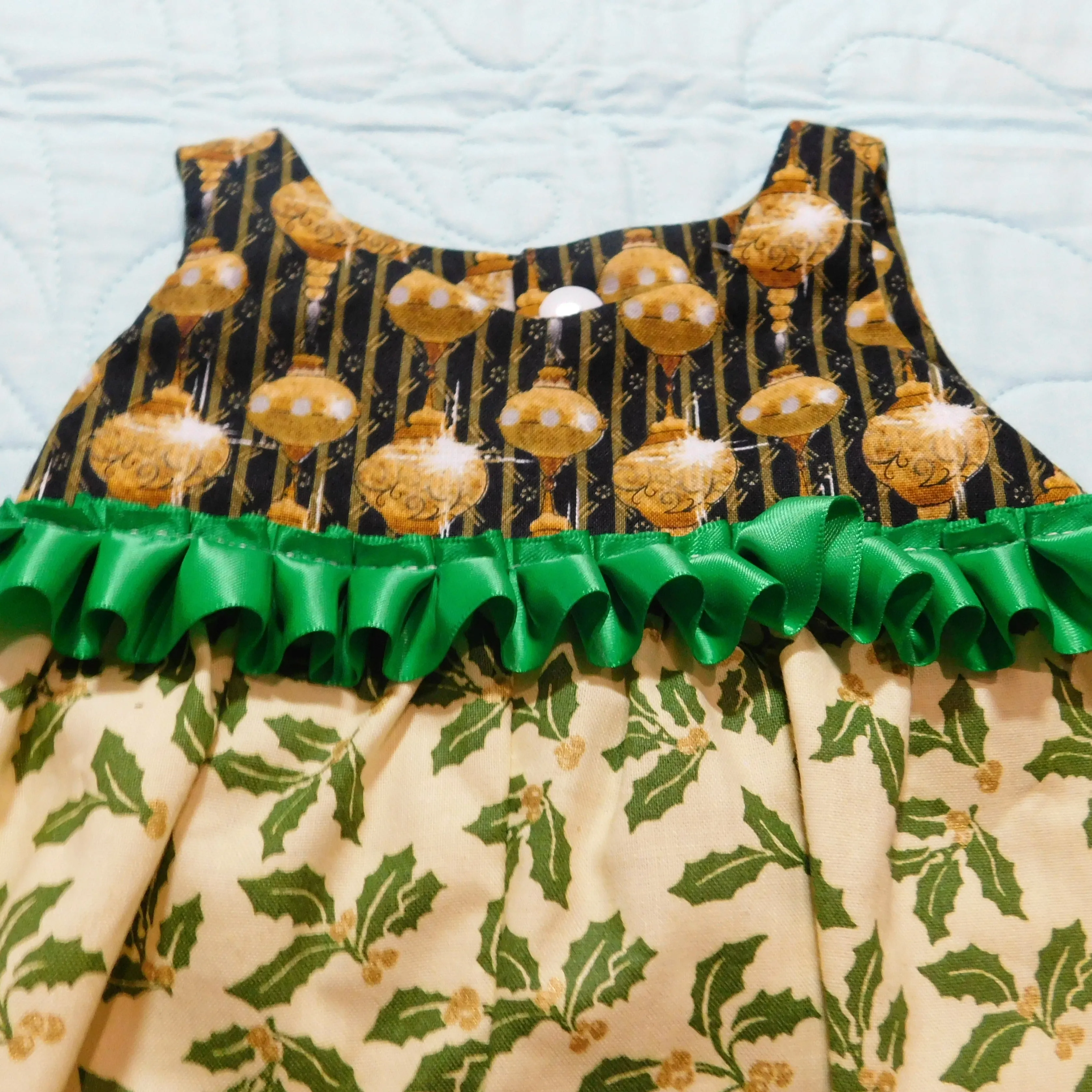 Romper - Christmas - Green & Gold Mistletoe & Green Pleated Ribbon