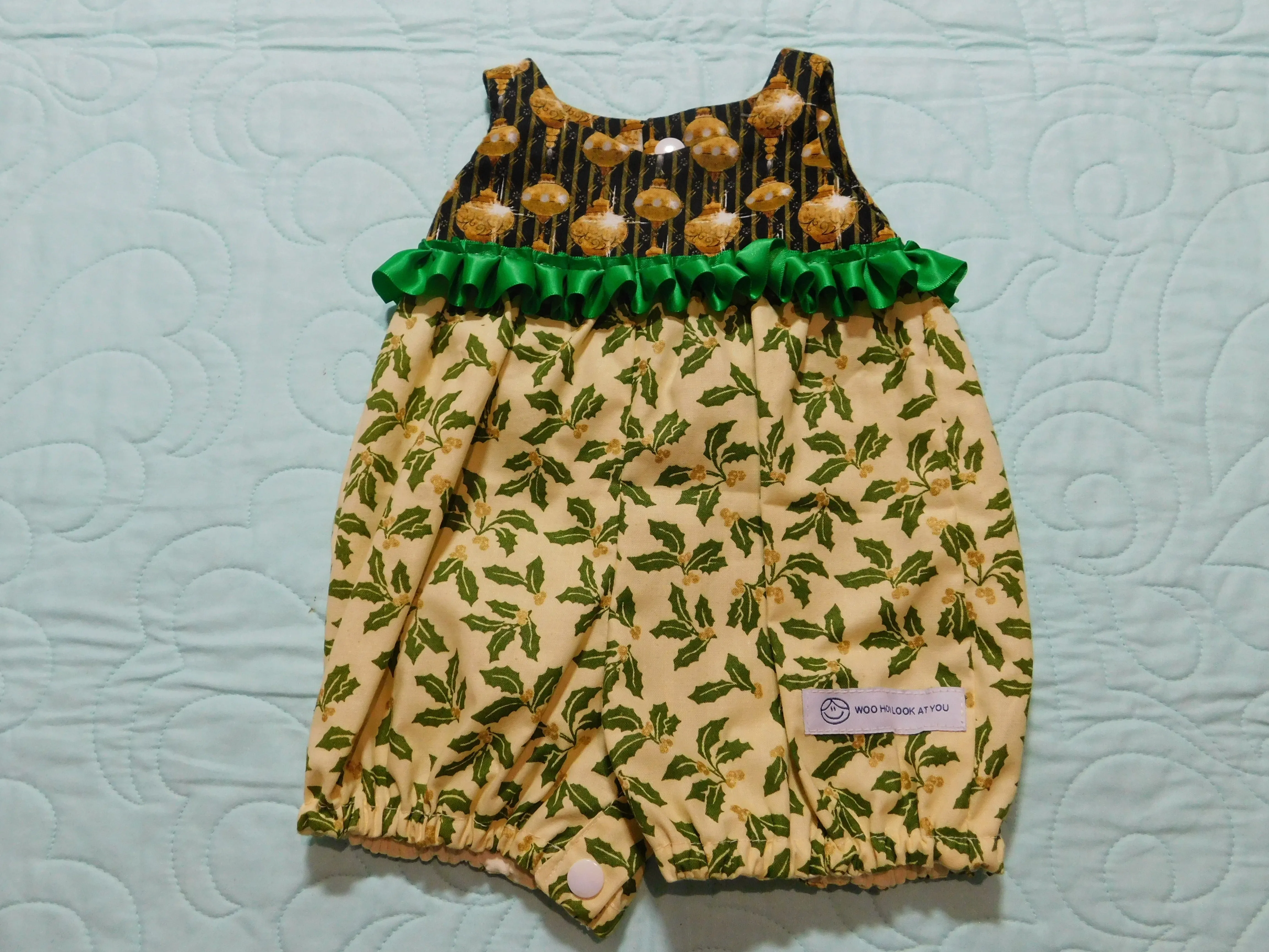 Romper - Christmas - Green & Gold Mistletoe & Green Pleated Ribbon