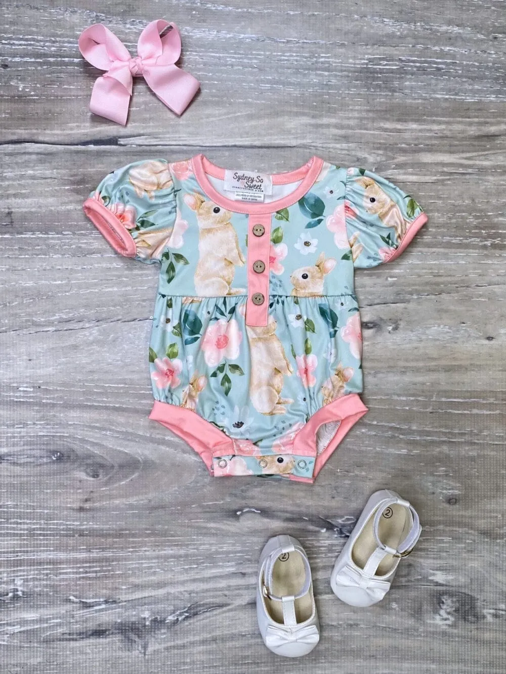 Rose Garden Pink Bunny Floral Baby Girls Romper