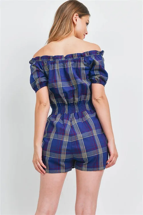 Royal Blue Plaid Cold Shoulder Romper