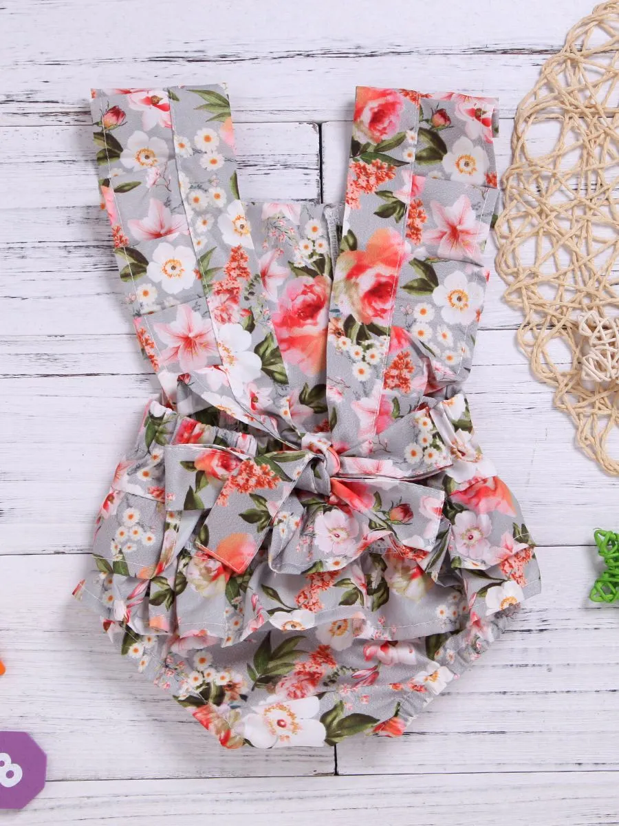 Ruffle Sleeve Backless Onesie Flower Romper