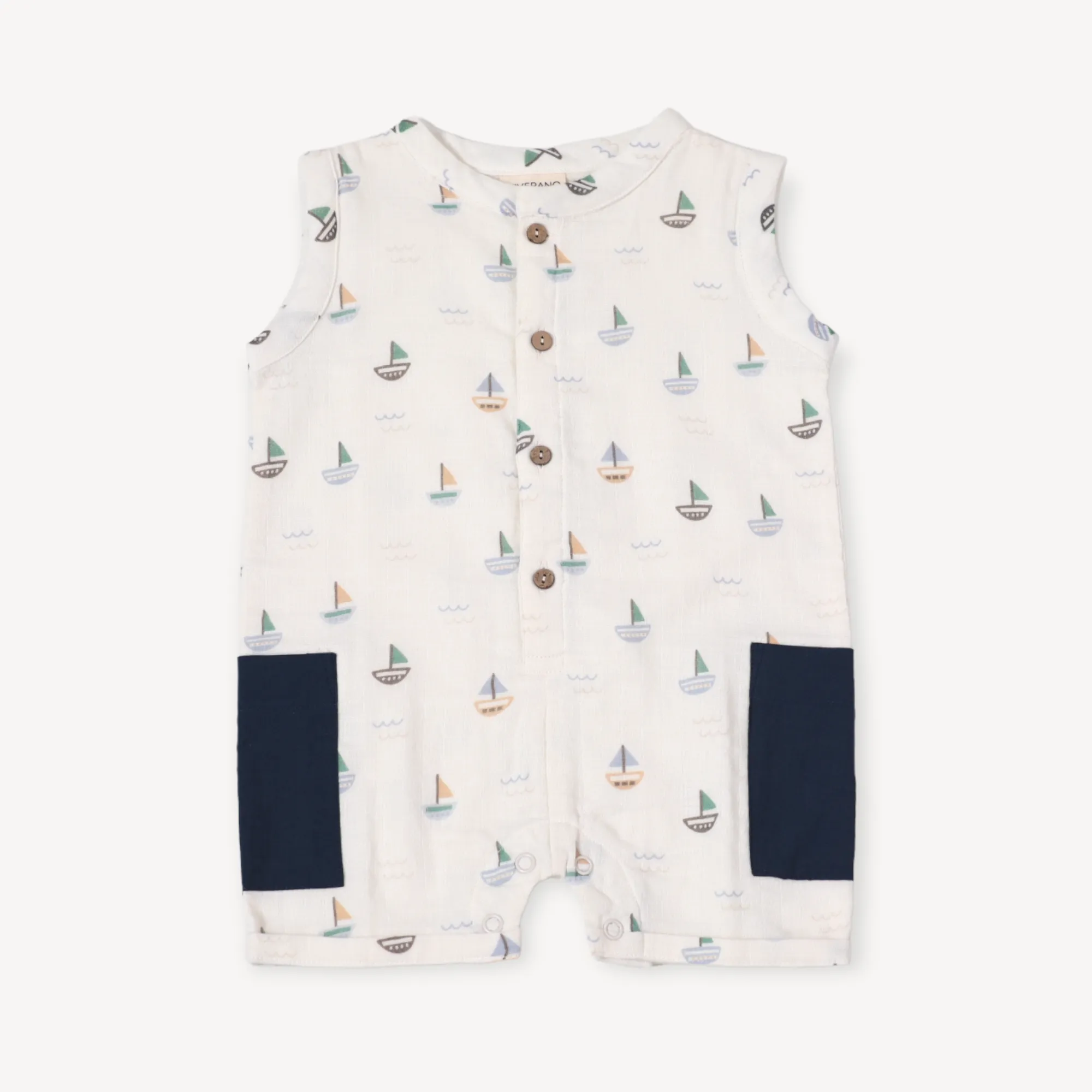 Sailboat Sleeveless Side Pocket Baby Romper (Organic Muslin)