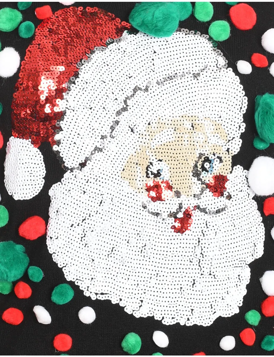 Santa Claus Design Black, Green & Red Sequined Christmas Jumper - M