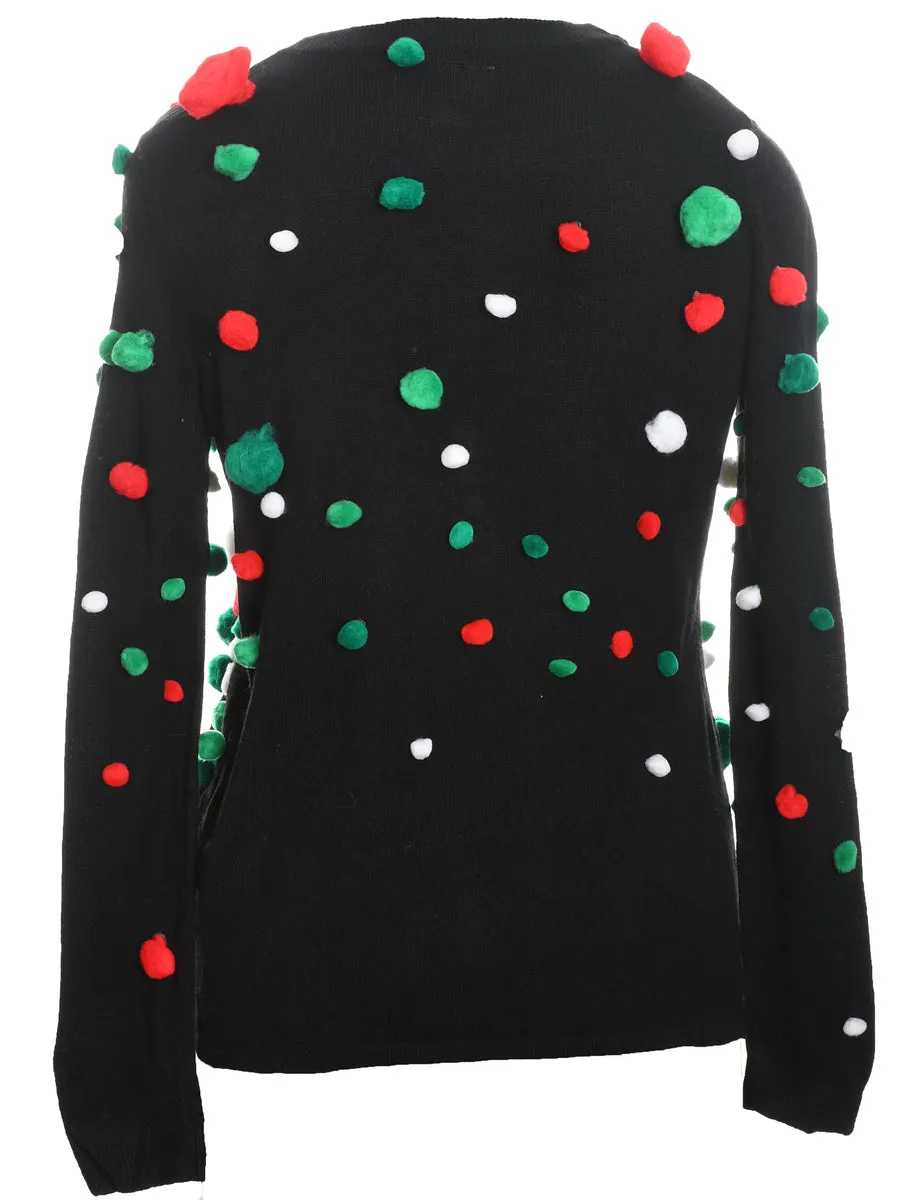 Santa Claus Design Black, Green & Red Sequined Christmas Jumper - M