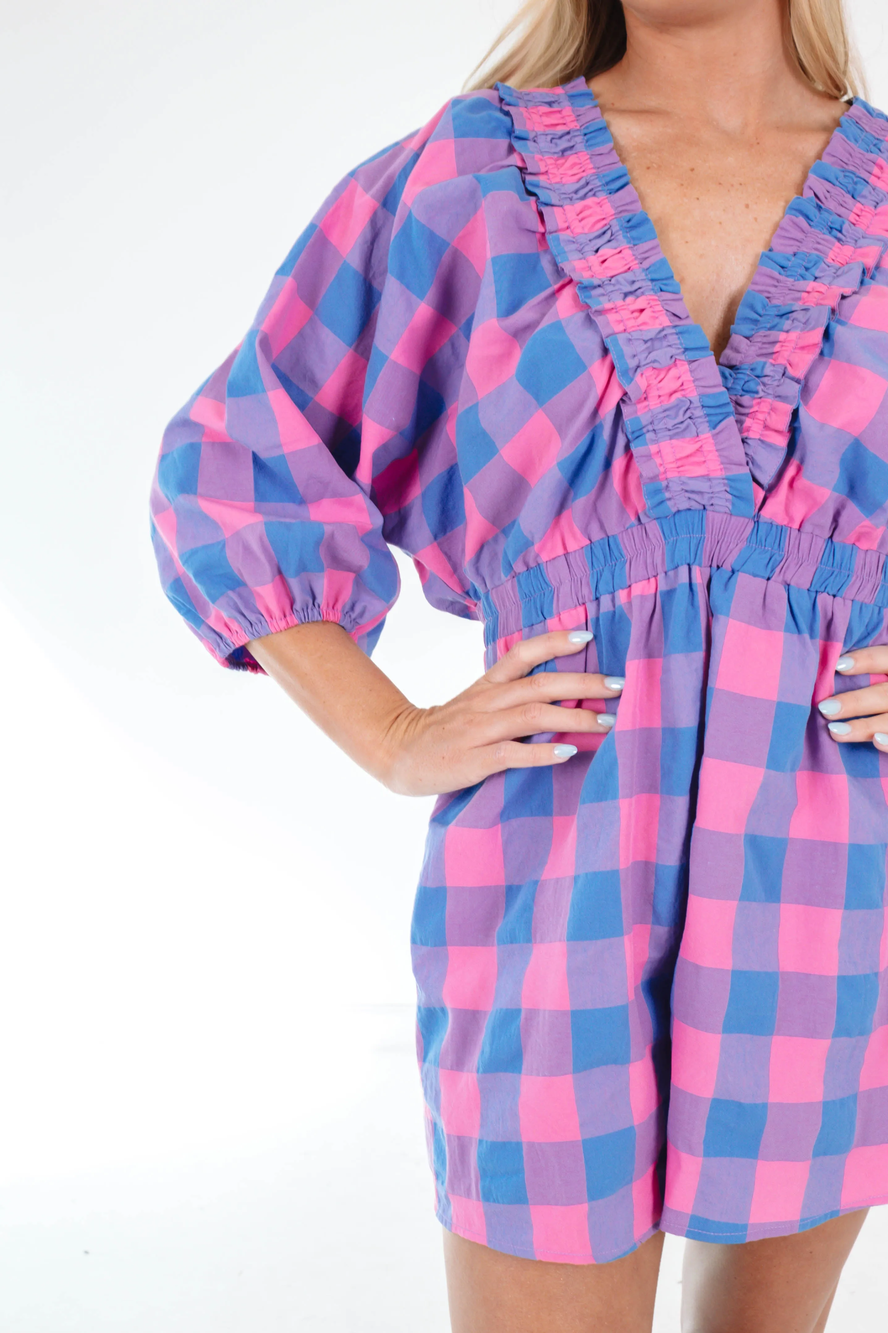 See You At The Stockyards Romper - Pink/Blue