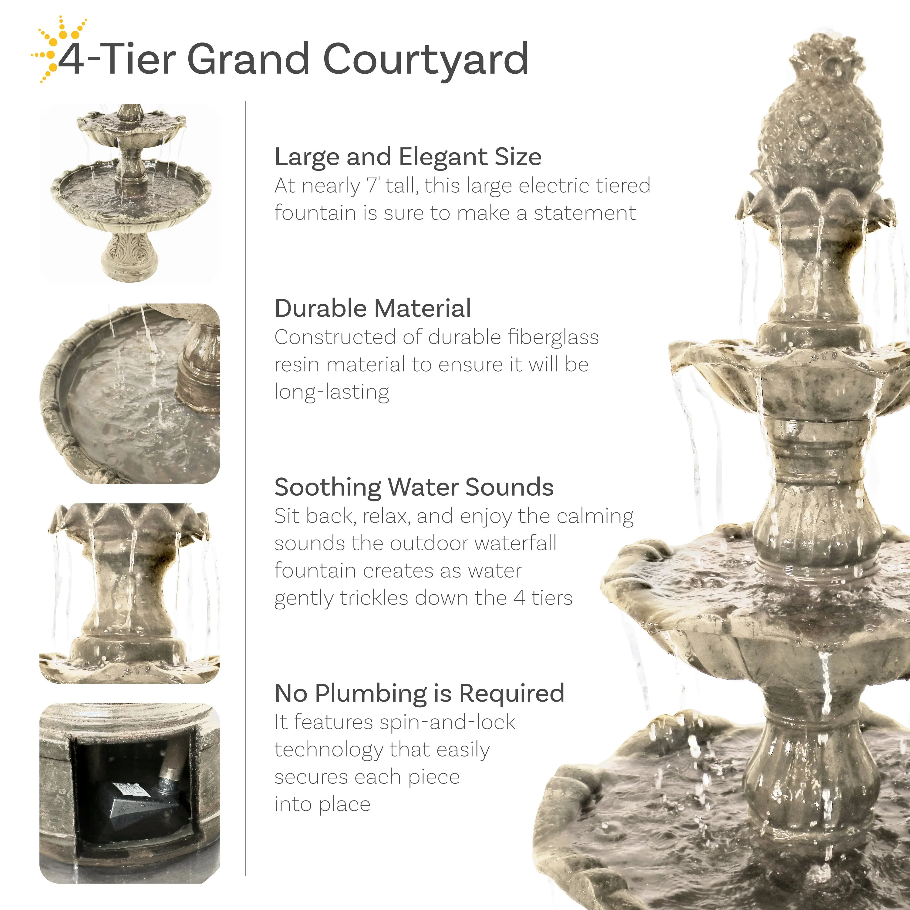 Sunnydaze 4-Tier Grand Courtyard Outdoor Water Fountain - 80" H