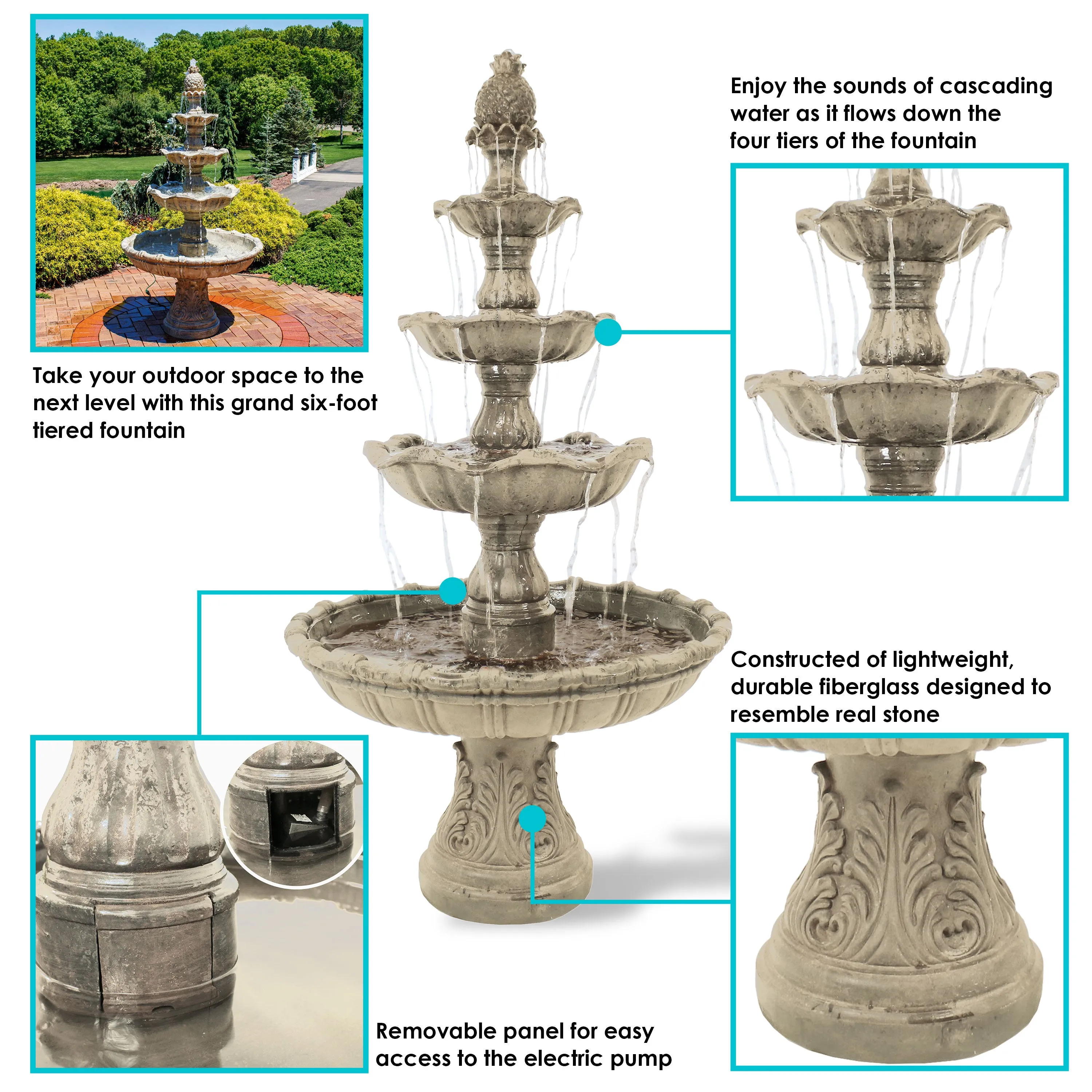 Sunnydaze 4-Tier Grand Courtyard Outdoor Water Fountain - 80" H