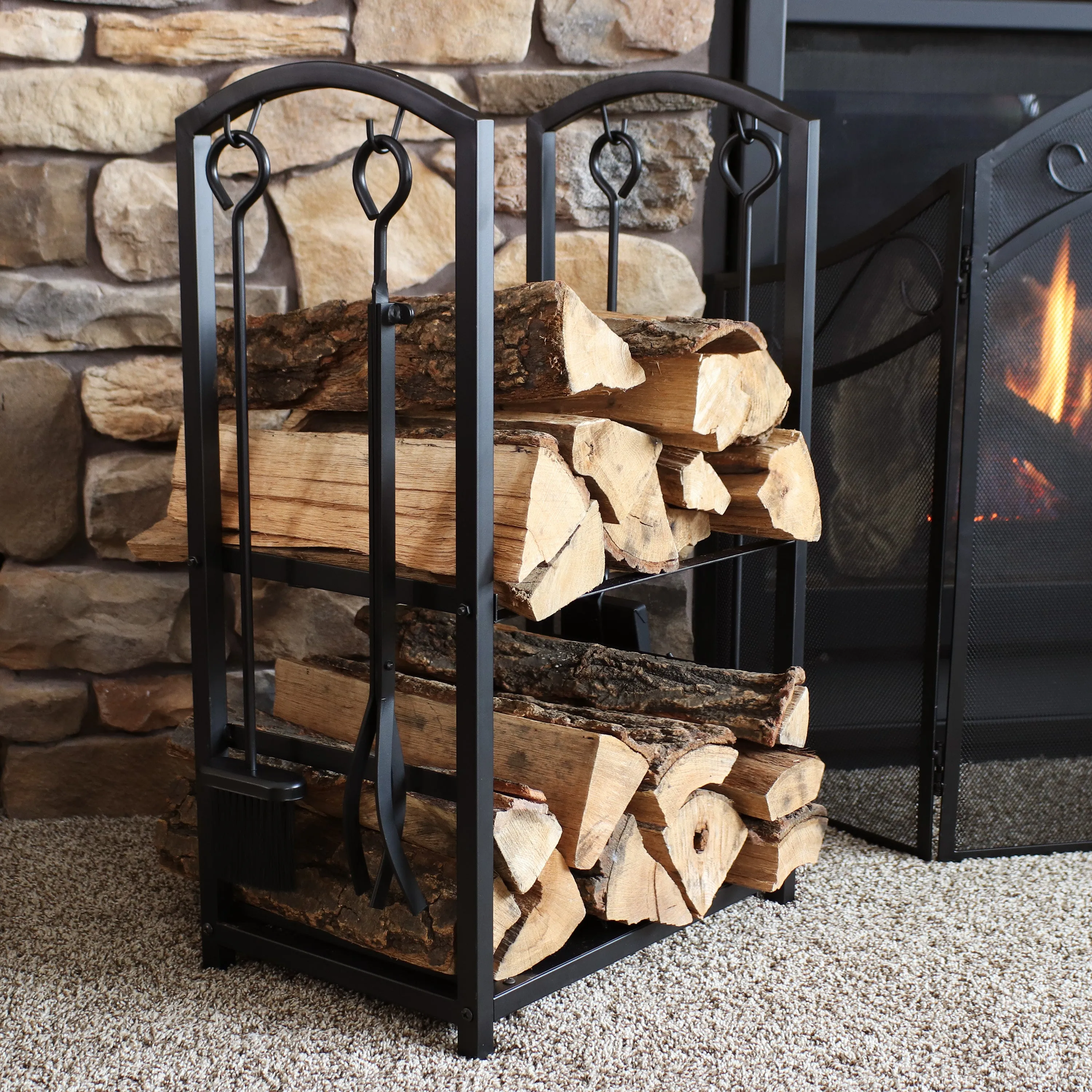 Sunnydaze 5-Piece Fireplace Log Holder with Poker, Shovel, and Brush