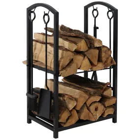 Sunnydaze 5-Piece Fireplace Log Holder with Poker, Shovel, and Brush