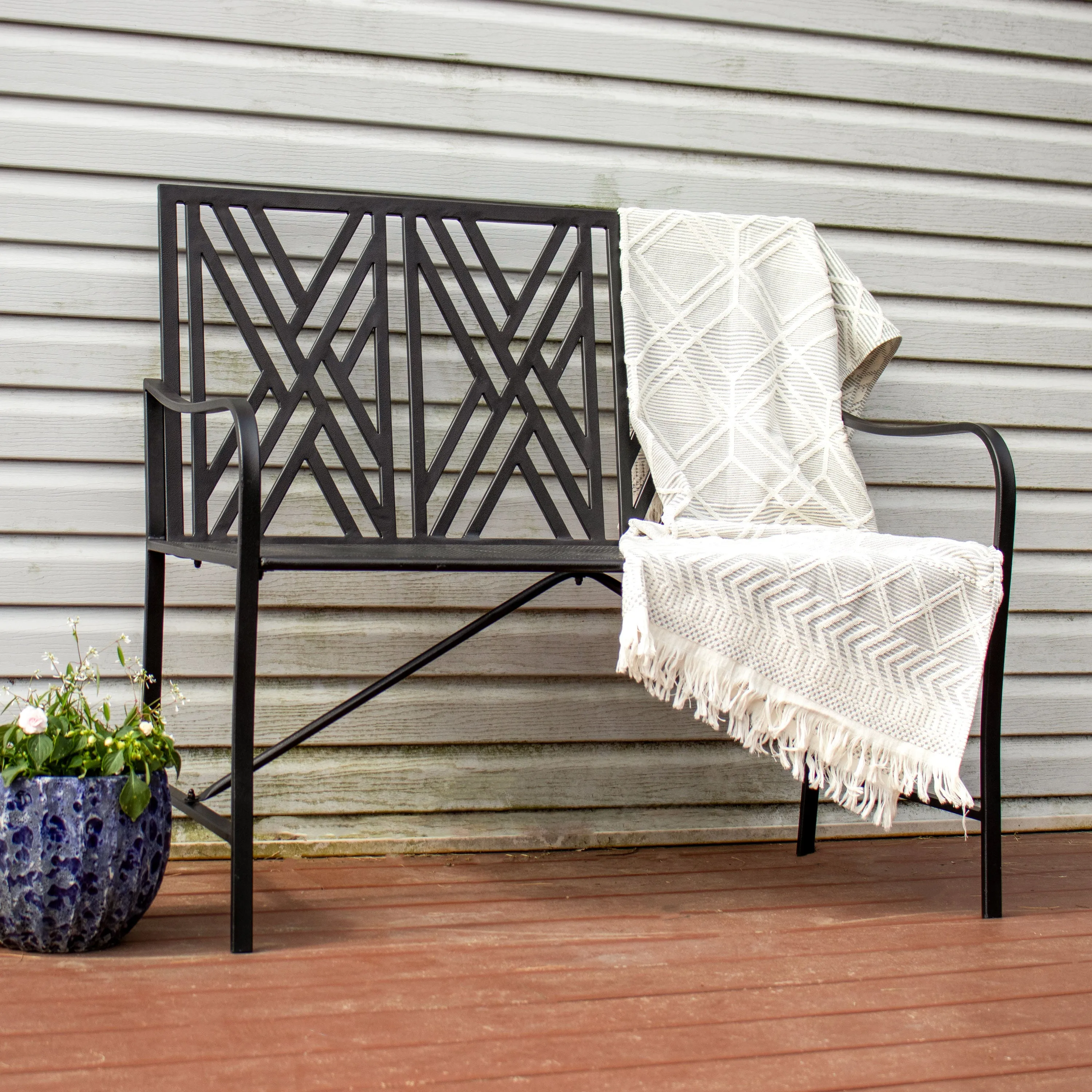 Sunnydaze Geometric Lattice Iron Outdoor Patio Bench - Black