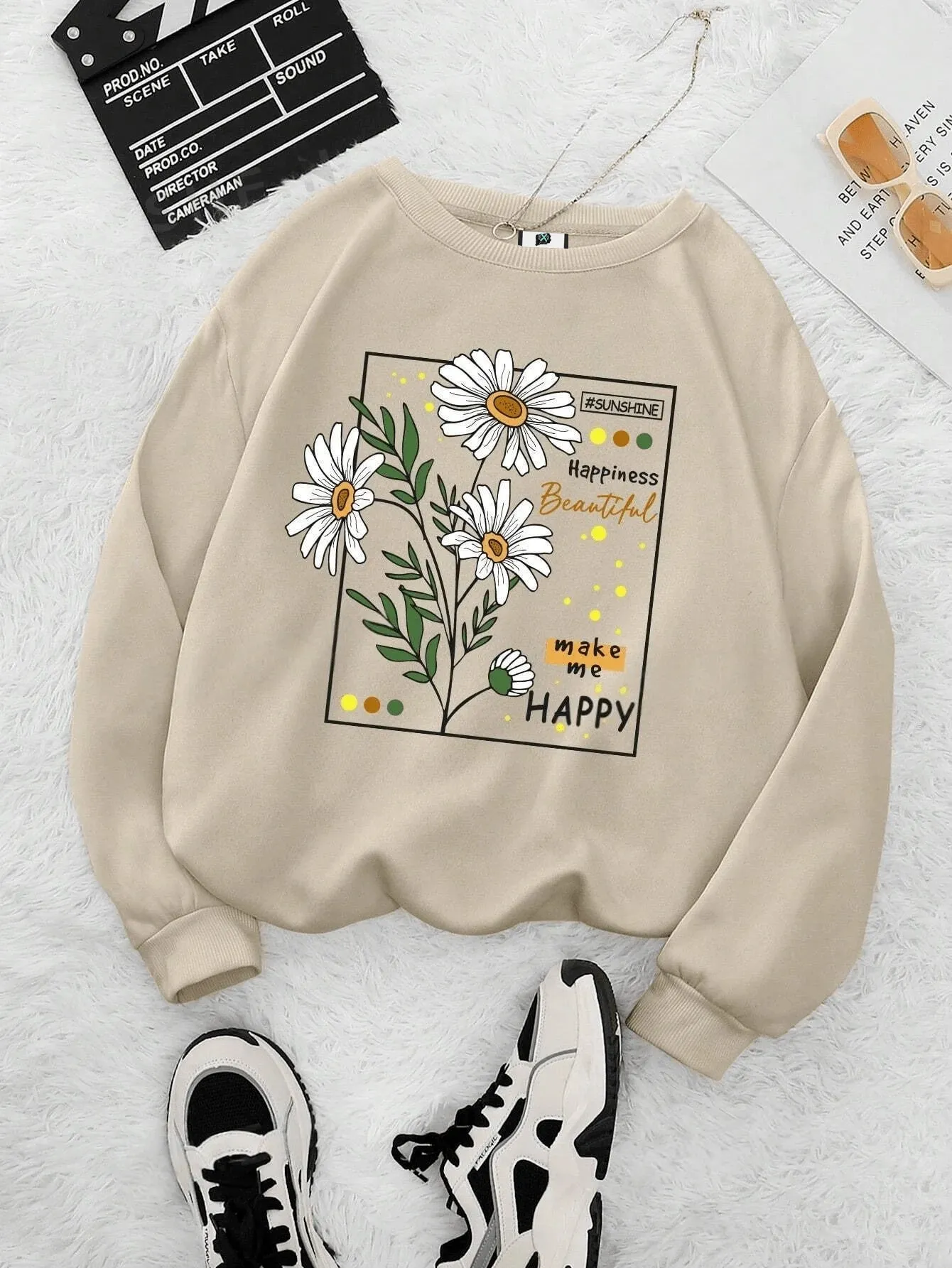 SXV  'MAKE ME HAPPY’ Printed Cool Aesthetic Drop Shoulder Oversized Baggy Sweatshirt