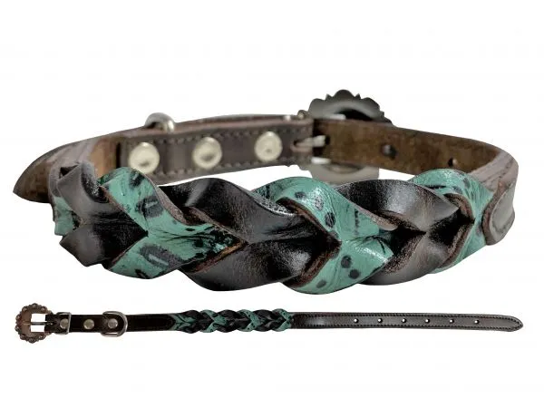 Teal and Dark oil braided leather dog collar