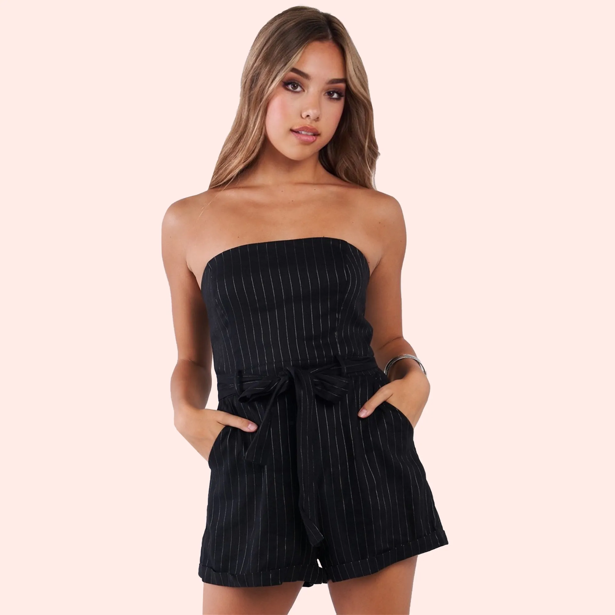 Tessa Pinstripe Strapless Romper