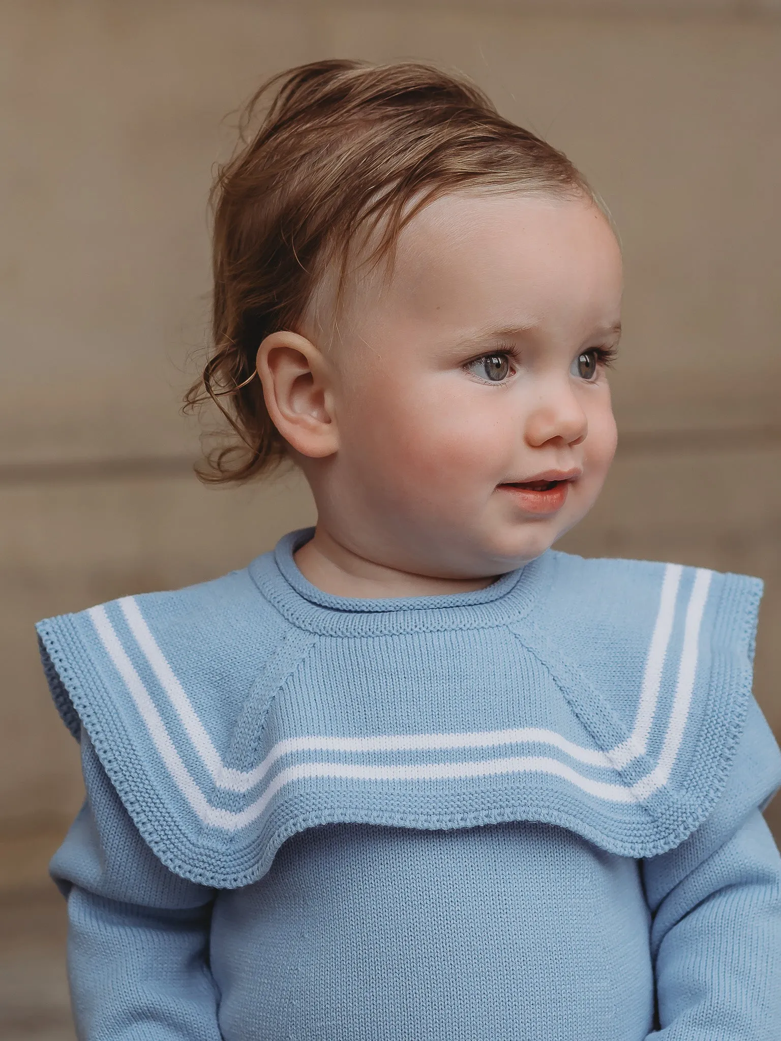 'Theo' blue & white knitted romper with sailor collar