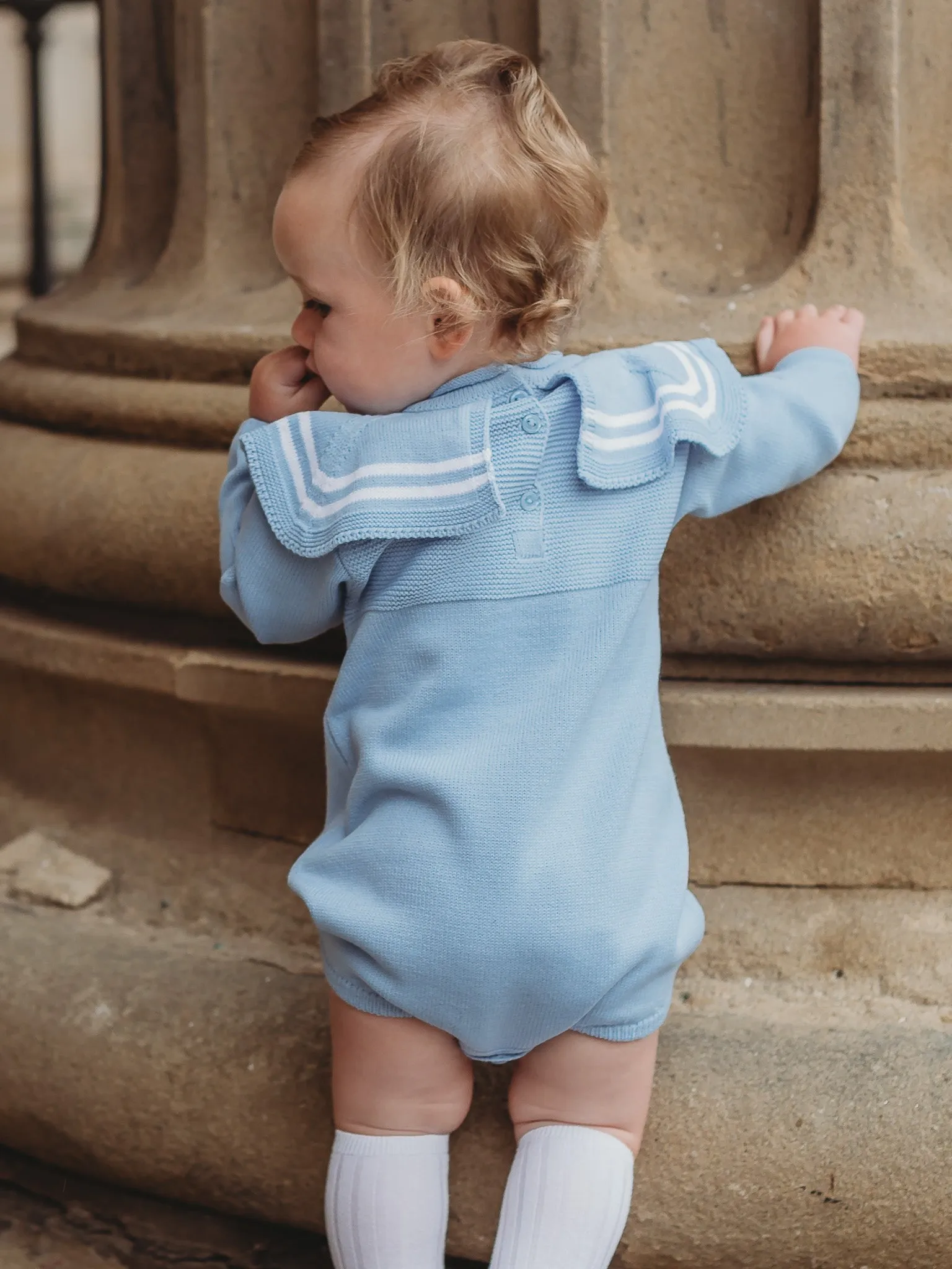 'Theo' blue & white knitted romper with sailor collar