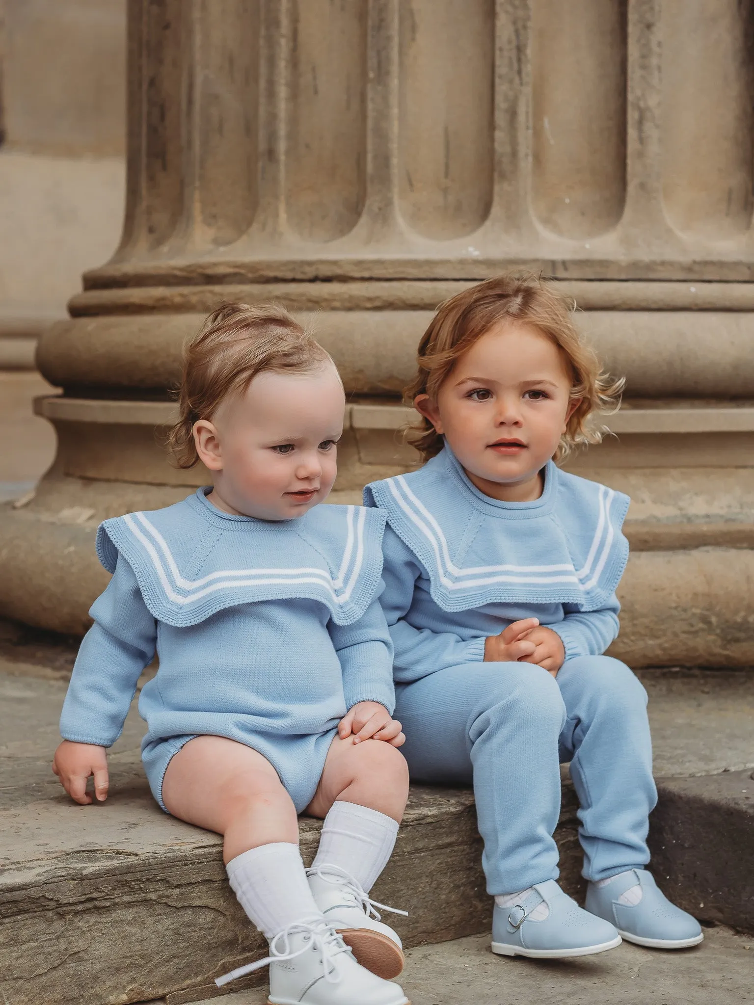 'Theo' blue & white knitted romper with sailor collar