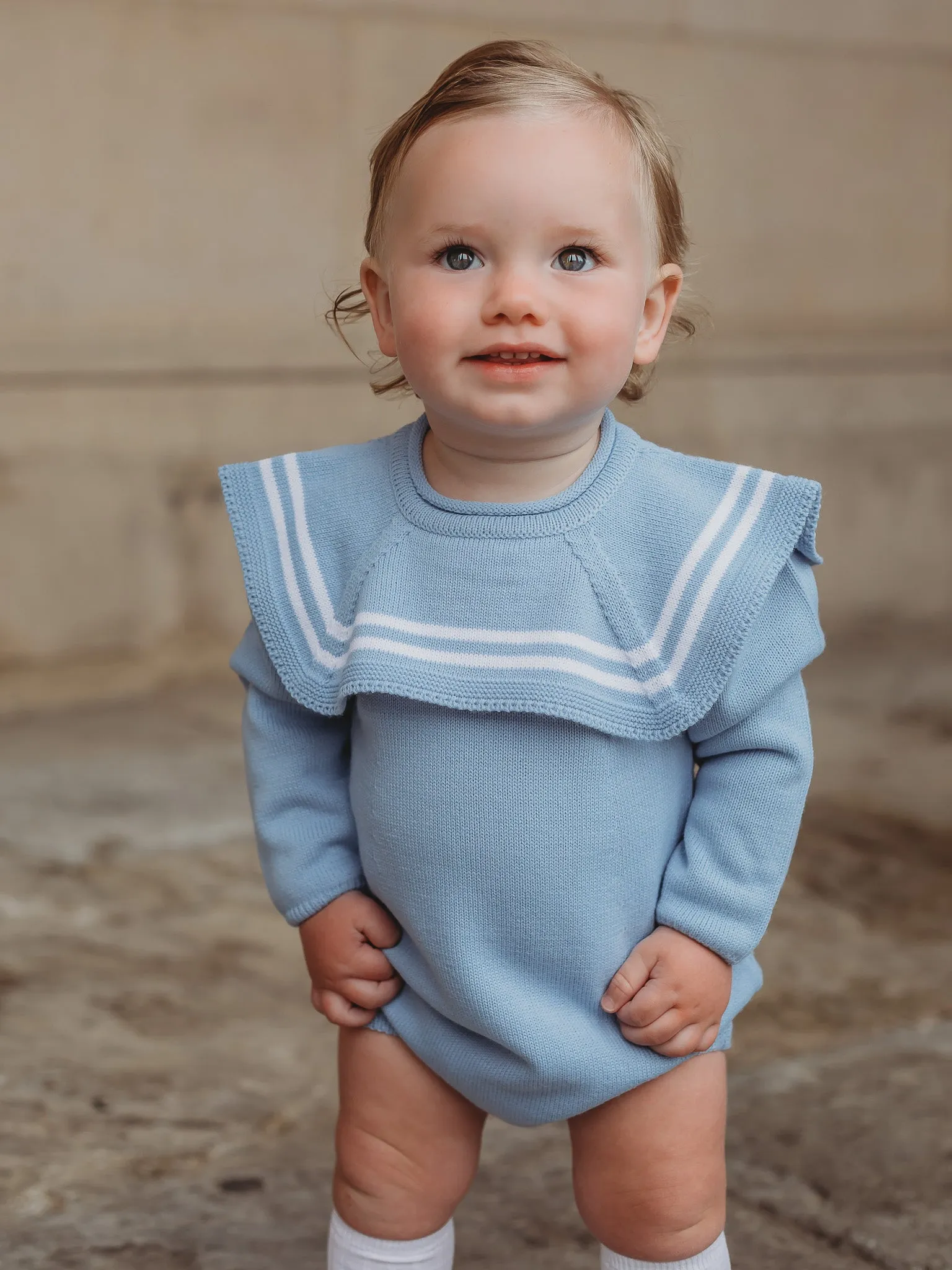 'Theo' blue & white knitted romper with sailor collar