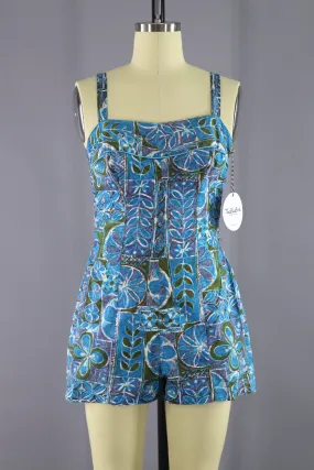 Vintage 1950s Cole Swim Suit / Blue Batik Cotton