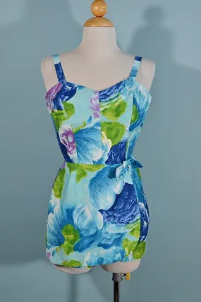 Vintage 50s Jay Hart Blue Floral One Piece Swimwear/Romper 27" Waist