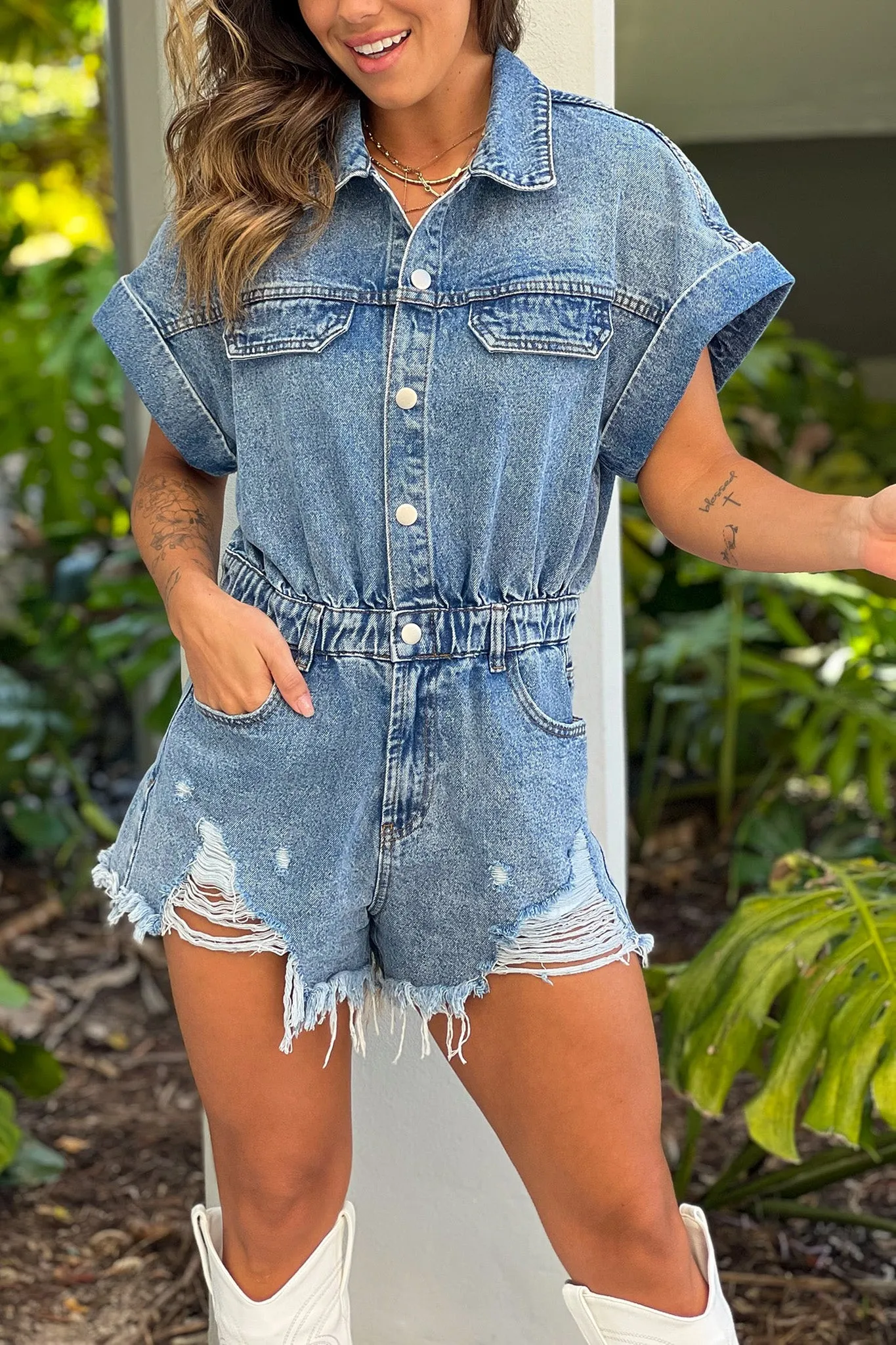 Vintage Blue Distressed Hem Denim Romper