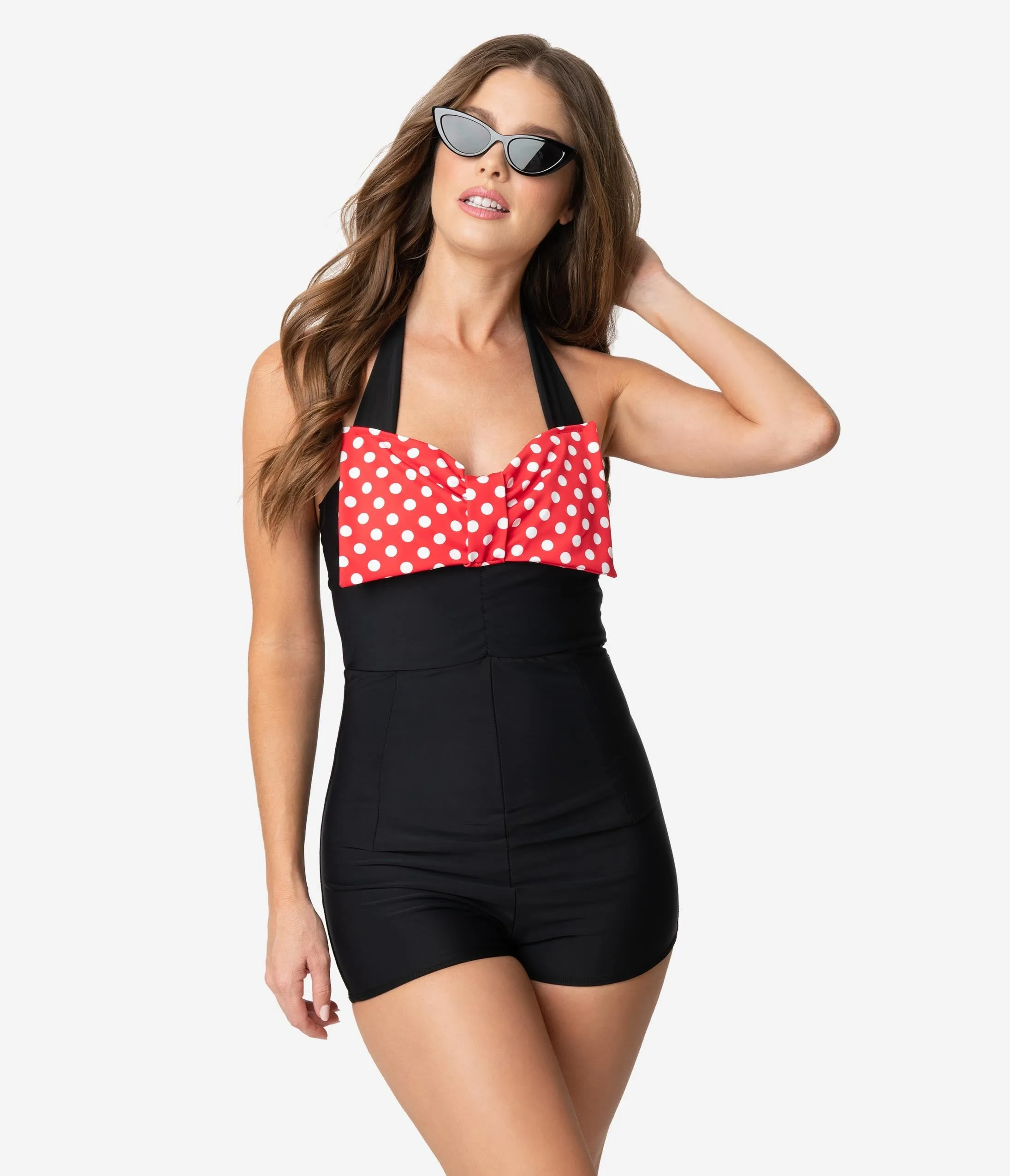 Vintage Style Black & Red Dotted Bow Romper Swimsuit