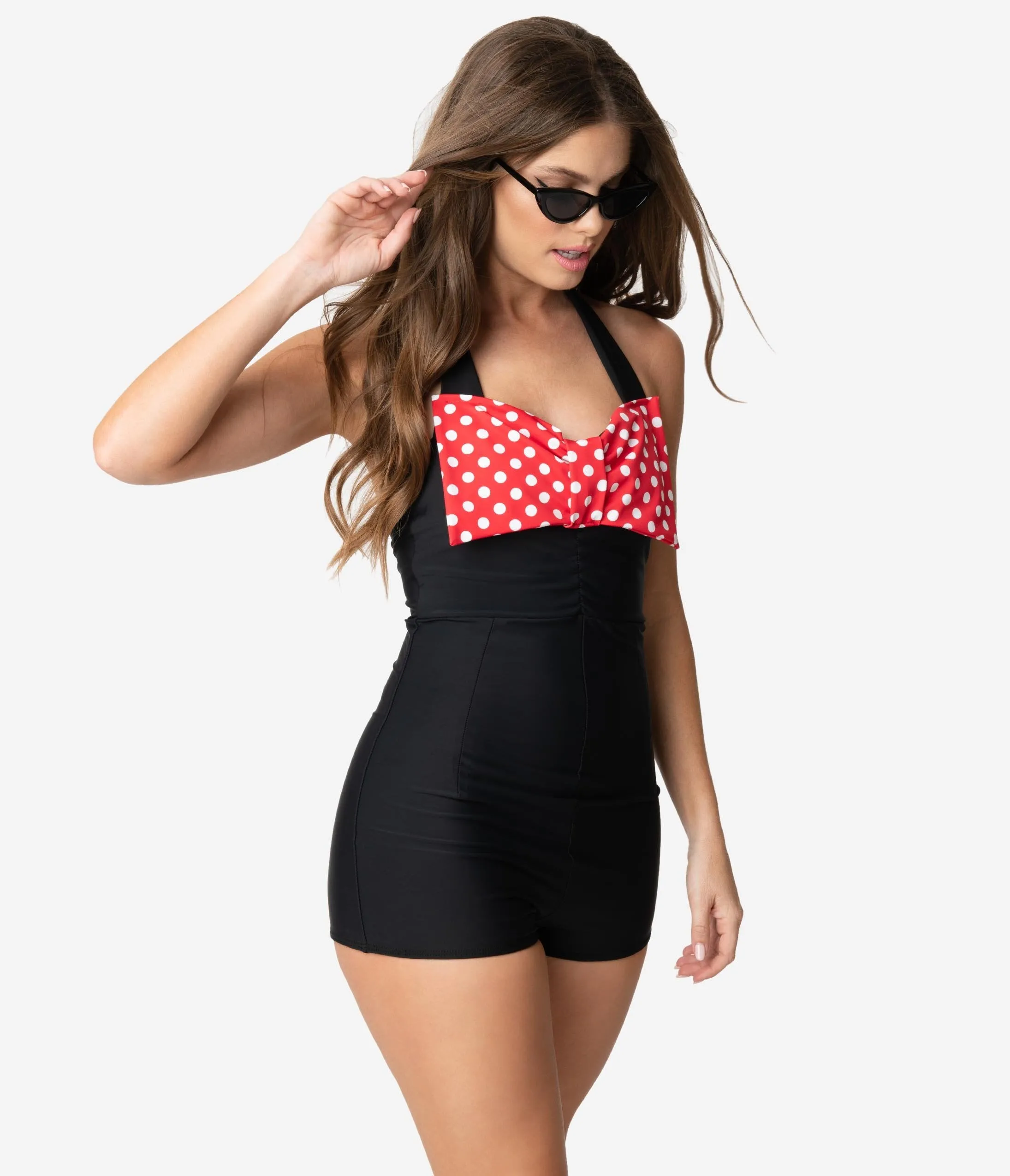 Vintage Style Black & Red Dotted Bow Romper Swimsuit