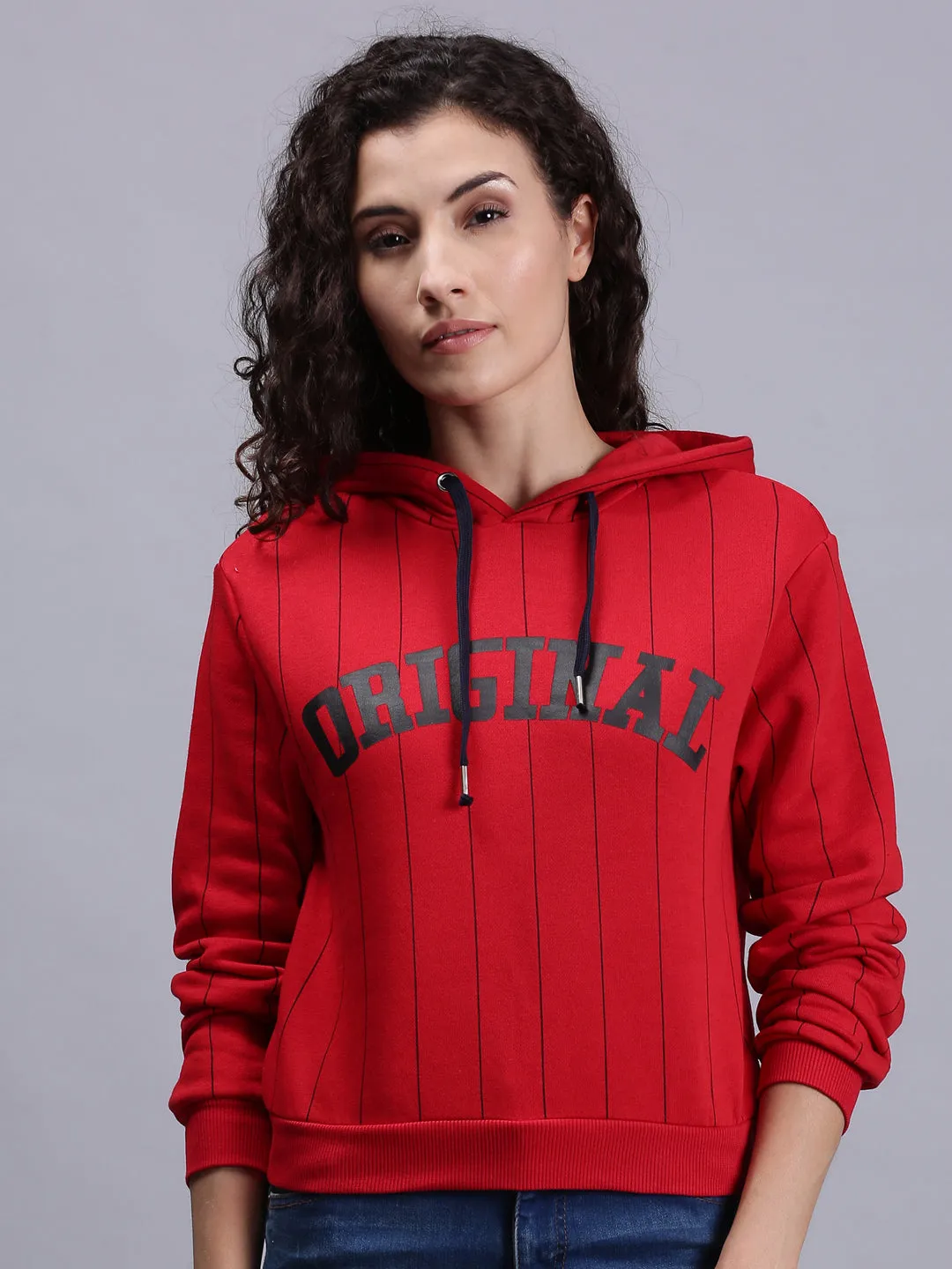 Women Red Printed Pullover Hoodie Sweatshirt