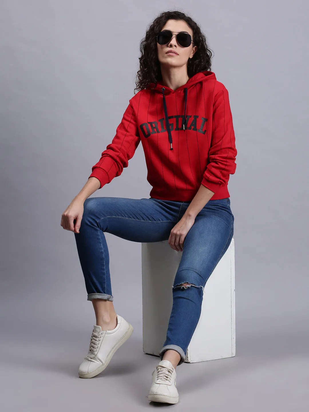 Women Red Printed Pullover Hoodie Sweatshirt