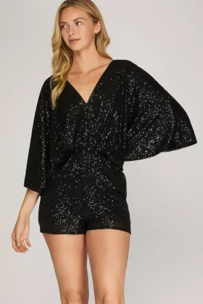 Women's Kimono Sleeve Sequin Jumpsuit Romper Shorts