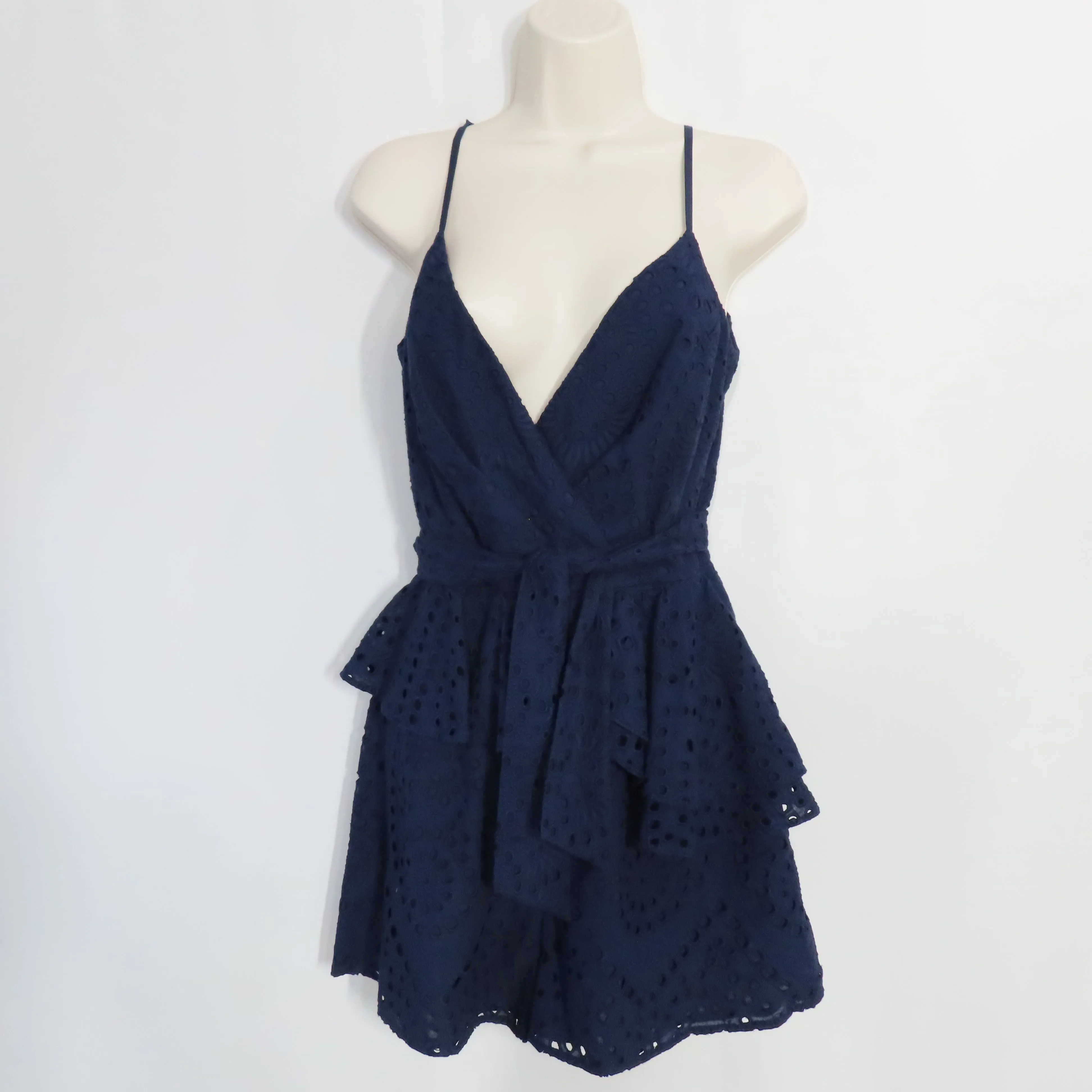 Yumi Kim Navy Blue Eyelet Romper Surplice V-neck with Peplum Waist Ruffle Size Small