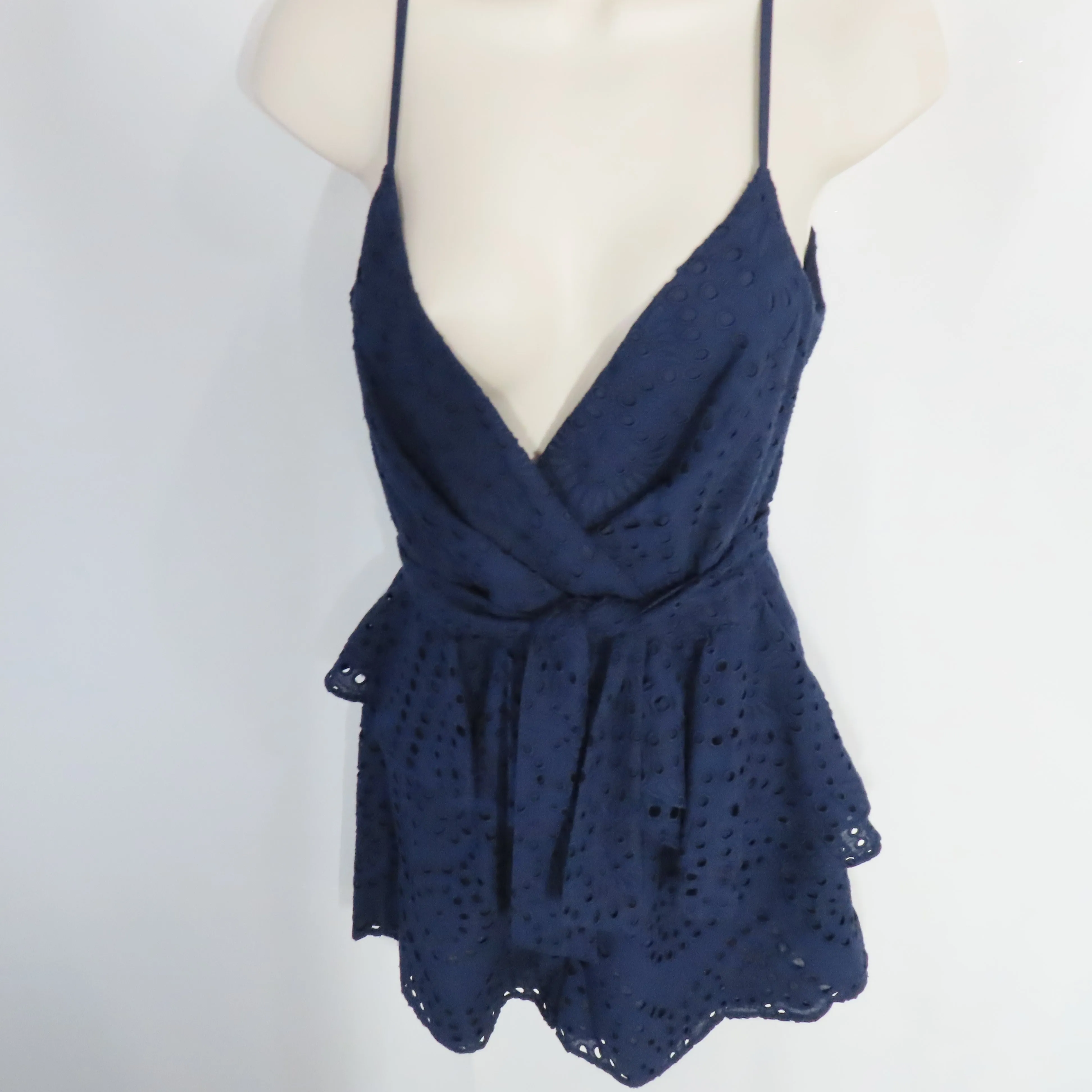 Yumi Kim Navy Blue Eyelet Romper Surplice V-neck with Peplum Waist Ruffle Size Small