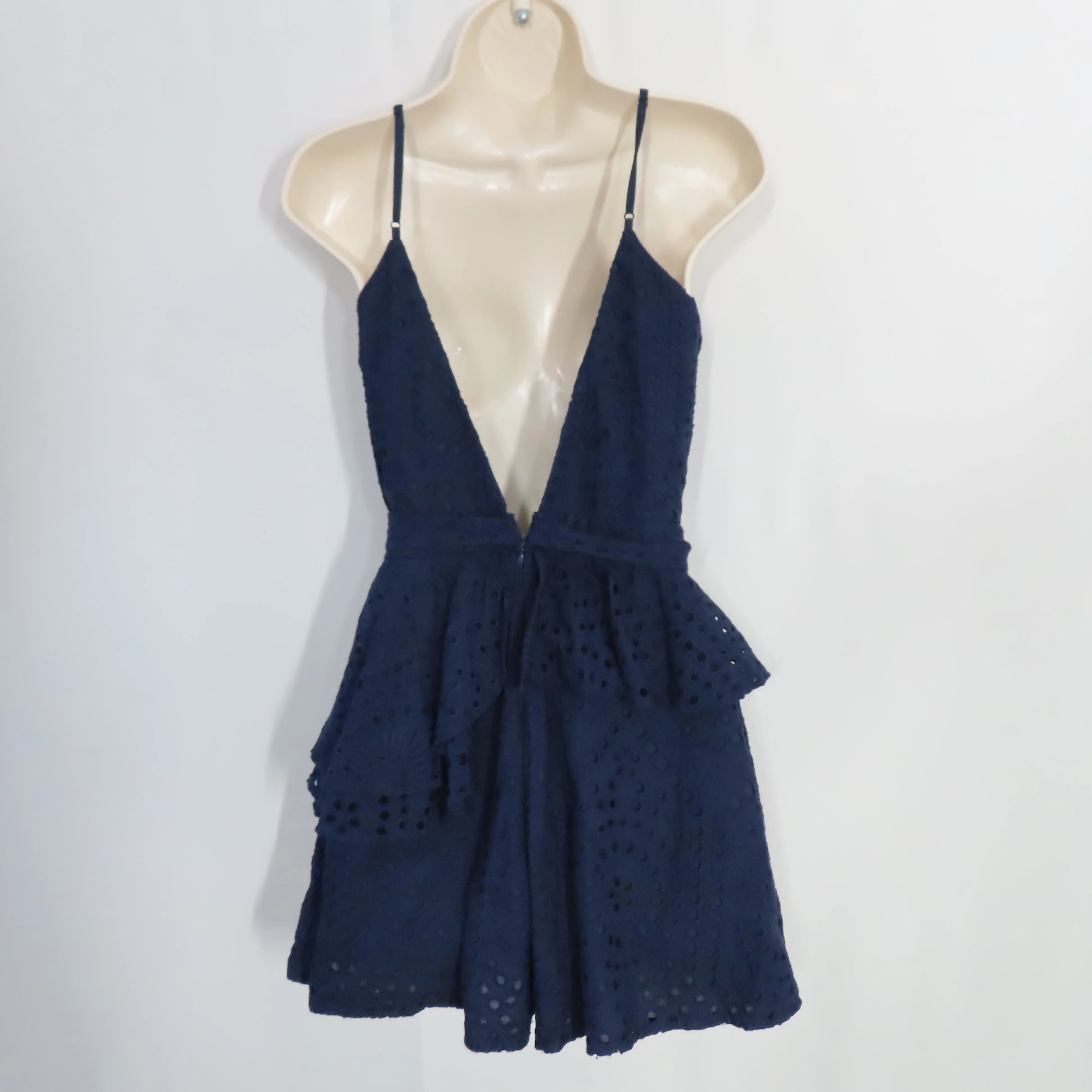 Yumi Kim Navy Blue Eyelet Romper Surplice V-neck with Peplum Waist Ruffle Size Small