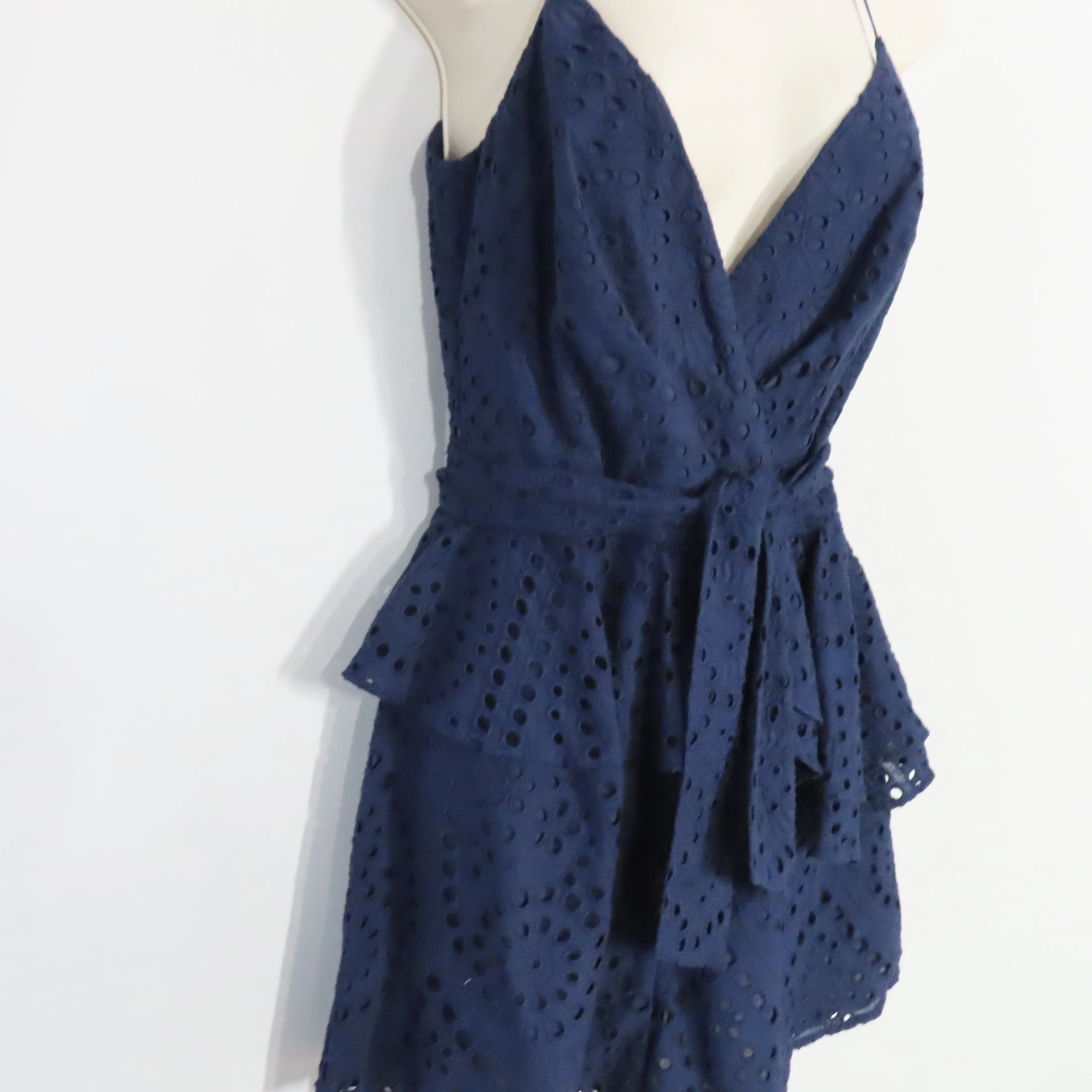 Yumi Kim Navy Blue Eyelet Romper Surplice V-neck with Peplum Waist Ruffle Size Small