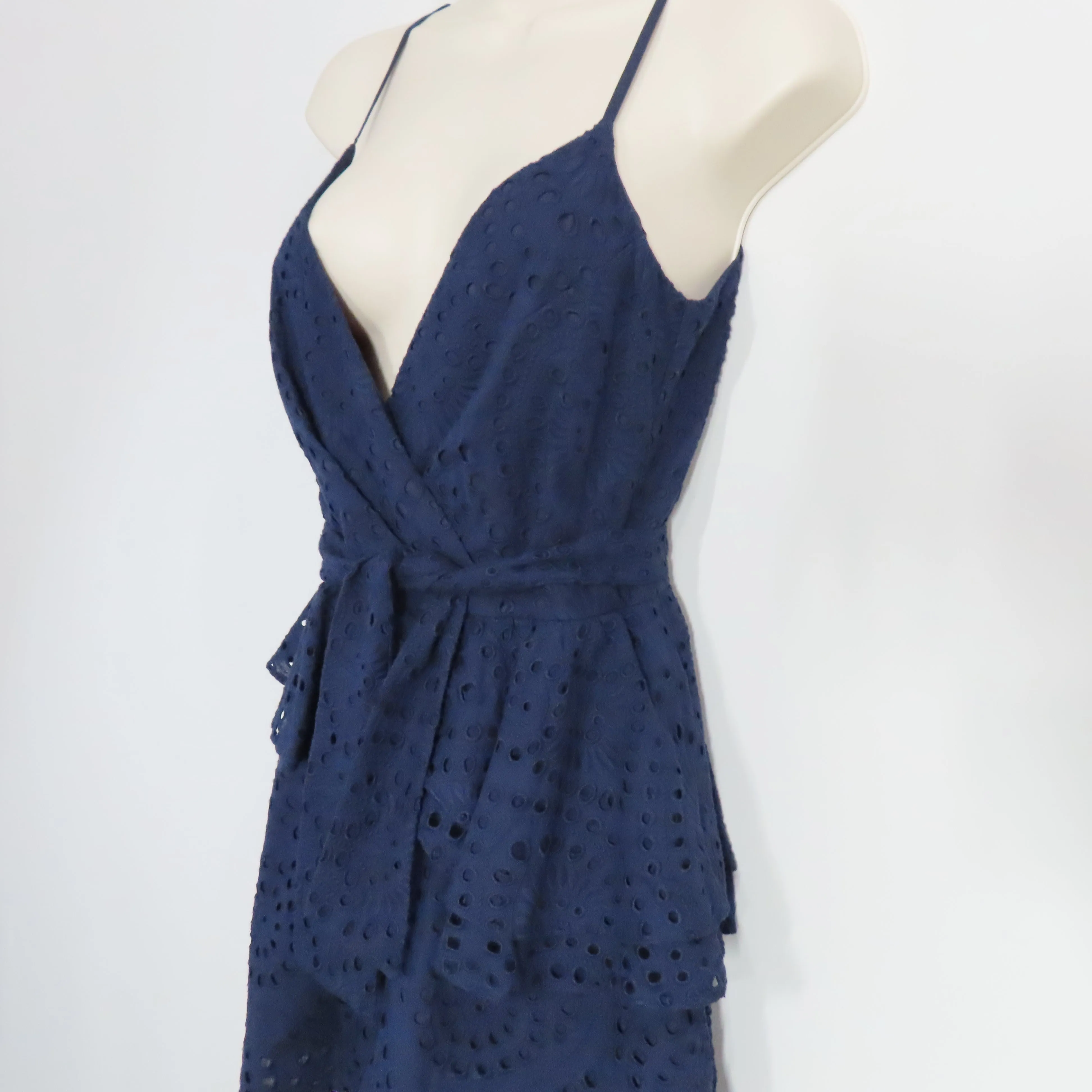 Yumi Kim Navy Blue Eyelet Romper Surplice V-neck with Peplum Waist Ruffle Size Small